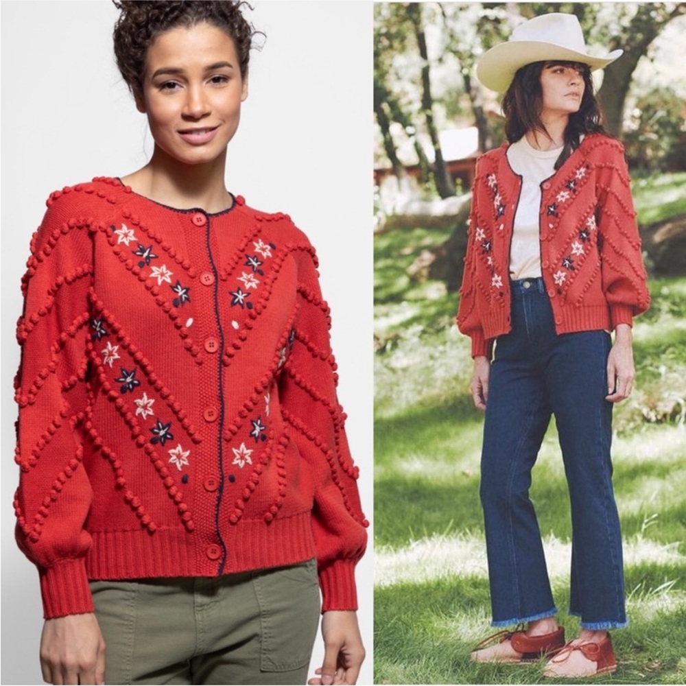 THE GREAT. Red Star Embellished Cardigan